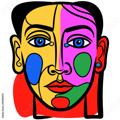 Abstract colorful portrait in cubist style with bold lines and contrasting colors.