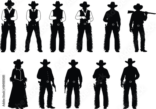 Cowboy cowgirl silhouette illustration, Wild West poses, guns and hats, black icons, cad drawing flat vector illustration
