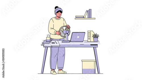 Illustration of a person working at a desk with a laptop and a small fan to cool down