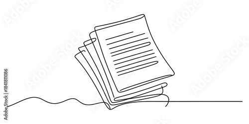 Minimalist single line drawing of a stack of papers with horizontal lines representing text, isolated on white. Vector, illustration