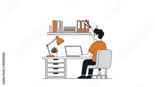 Illustration of a person working at a desk with a laptop and office supplies