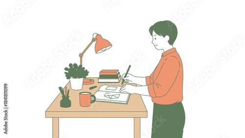 Illustration of a person working at a desk, drawing with a sketchbook and a lamp
