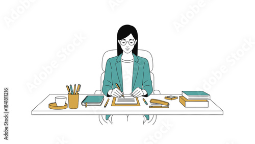 Illustration of a woman at a desk writing or working, simple line art style