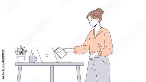 Illustration of a woman at a table with a laptop and a notebook, working from home