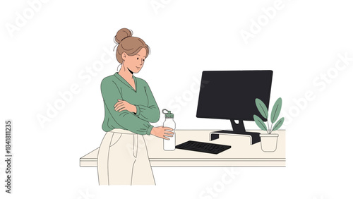 Illustration of a woman at her desk looking pensive with computer and water bottle