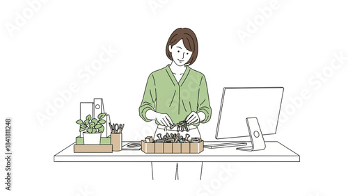 Illustration of a woman at her desk organizing office supplies in minimalist style