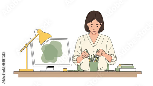 Illustration of a woman at her desk selecting pens and working on a computer
