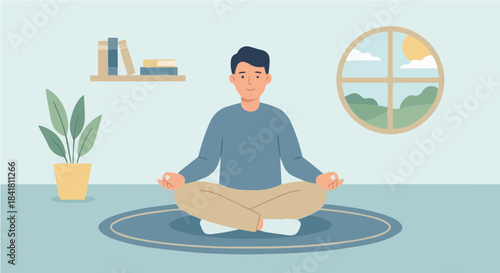 A man meditating in a peaceful room with a plant, books, and a window showing a sunny landscape.