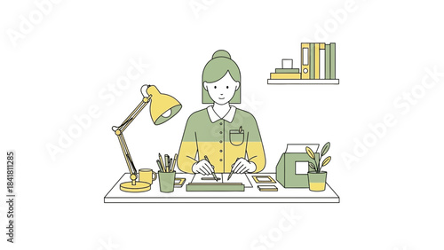 Illustration of a woman at her desk working with a lamp, printer and plants in vector style