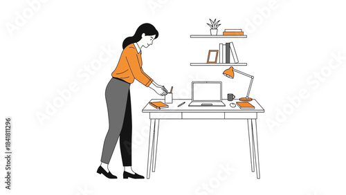Illustration of a woman at her minimalist desk, working from home with a laptop