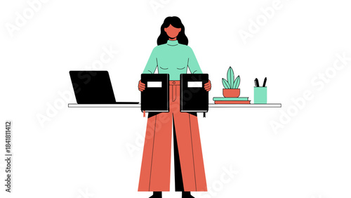 Illustration of a woman holding notebooks in front of an office desk with laptop