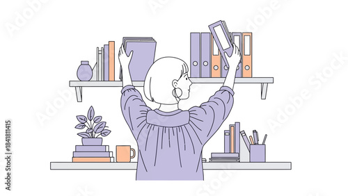 Illustration of a woman organizing books in a modern, minimalist home office setting