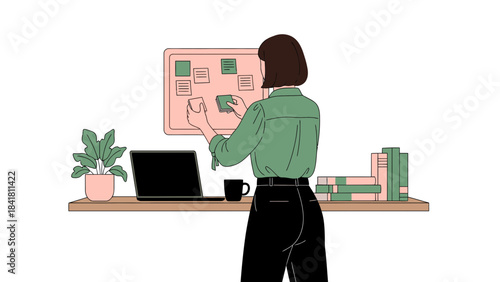 Illustration of a woman organizing notes on a board in a modern office setup visualization