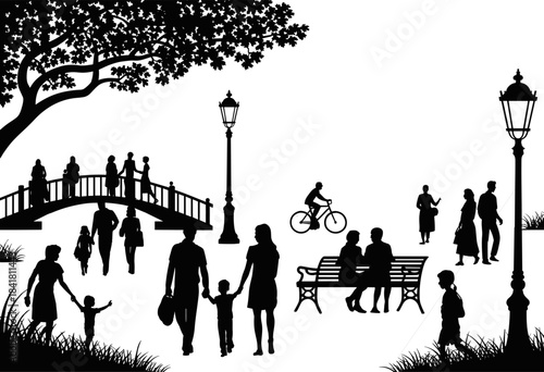 Vector silhouette of people relaxing and walking in a busy city park setting with trees benches bridge lamps and green grass area