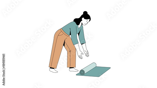 Illustration of a woman preparing a yoga mat for exercise on a white background