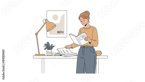 Illustration of a woman reading a book at her desk in a minimalist home office setting