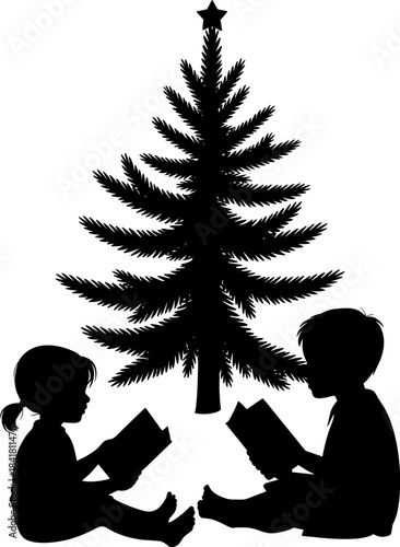Vector silhouette of two young children reading books sitting under a Christmas tree during the winter holiday season isolated on whitet