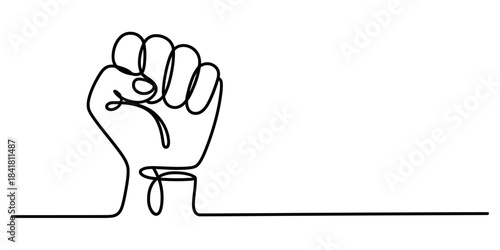 A single continuous black line drawing depicts a raised clenched fist on a white background, symbolizing protest and power Vector, illustration
