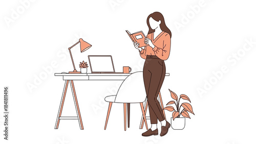 Illustration of a woman reading a book with desk and laptop background inside a house.