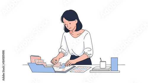 Illustration of a woman reviewing documents and organizing her work at her desk