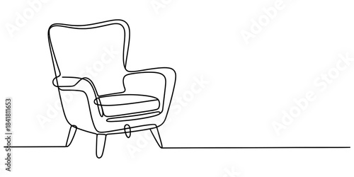 Continuous line drawing of a modern comfortable armchair, elegant single outline art, minimalist home decor furniture icon, simple stroke design element. Vector, illustration