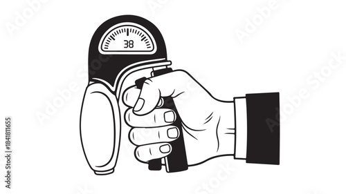 Businessmans Hand Squeezing Hand Dynamometer, Measuring Grip Strength, Isolated Line Art Illustration