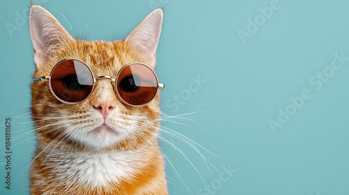 Ginger cat wearing stylish round sunglasses on a vibrant blue background
