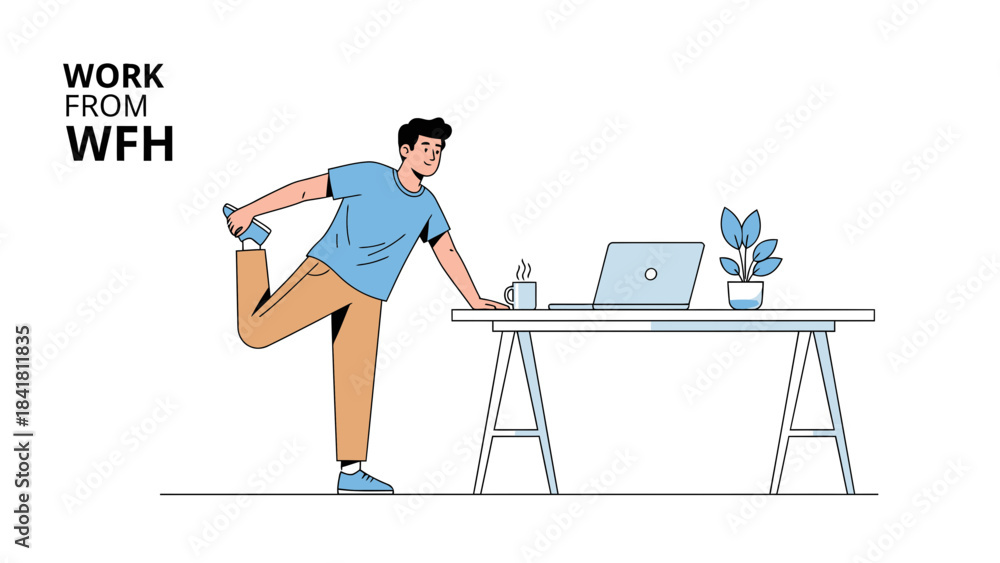 Fototapeta premium Illustration showing a man doing stretching exercises while working from home office