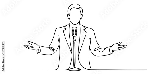 Continuous line drawing of a man in a suit at a microphone, gesturing, symbolizing public speaking, communication, presentation, broadcast, and event host. Vector, illustration
