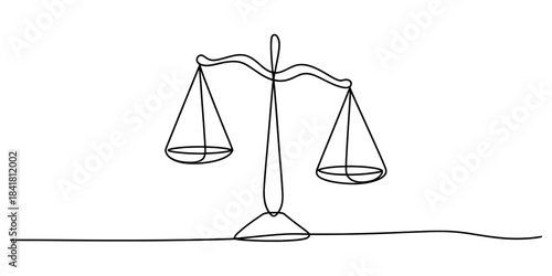 Minimalist single continuous line art drawing of a classic balance scale, symbolizing justice, equality, law, ethical decisions, and fair judgment. Vector, illustration