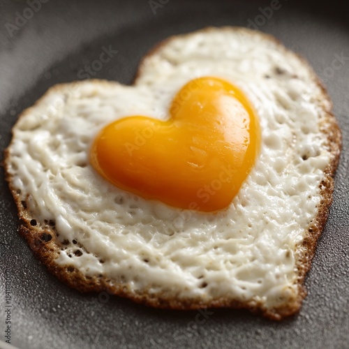 Delicious fried egg with heart-shaped white and yolk, romantic egg