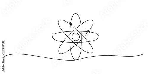 Continuous line drawing depicting an atom model, symbolizing science, research, education, and fundamental particles in a minimalist black and white illustration. Vector, illustration