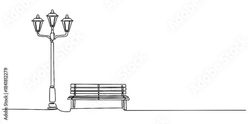 Continuous line art drawing of a classic triple-headed street lamp and an empty park bench, minimalist urban design, public space comfort illustration Vector, illustration