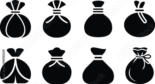 Set of eight money bag icons, silhouette style