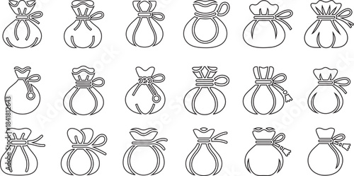 Set of different line art money bags or drawstring pouches icons