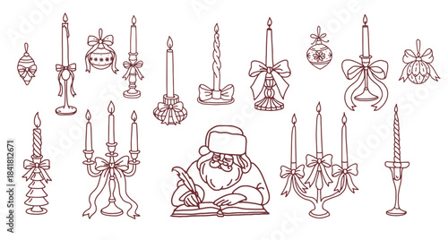 Hand-drawn Christmas line art collection featuring candles, bows, ornaments, Santa Claus and festive decorations. Minimal, elegant holiday illustration set suitable for cards, prints and designs