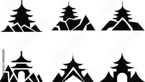 Set of black silhouette icons of asian pagoda temples on mountains