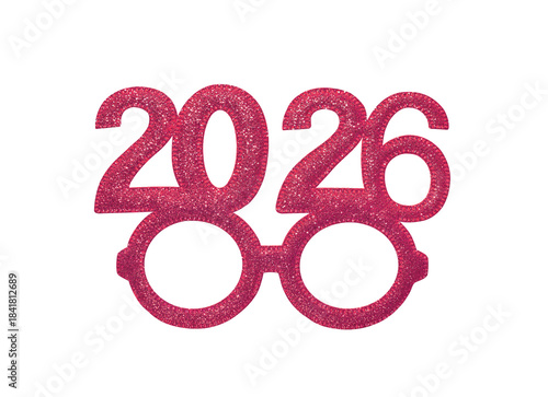 A pair of glittery pink New Year's 2026 novelty glasses on a white background.