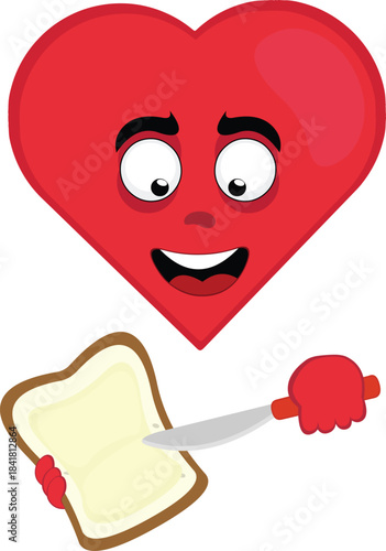 vector illustration emoticon character heart cartoon, spreading butter on a slice of bread with a spreader