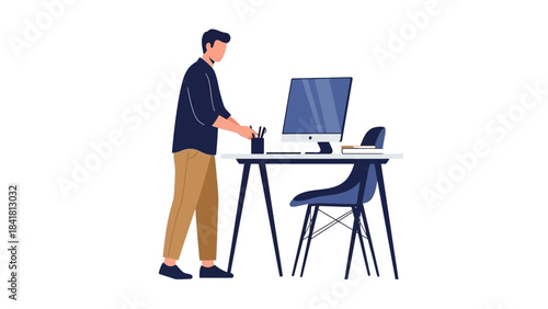 Minimalist Illustration of a Person at a Desk Working with a Computer and Office Supplies