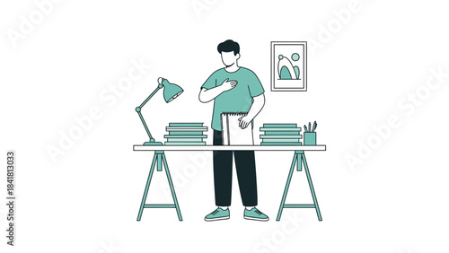 Minimalist illustration of a person at a desk with books, a lamp, and a notepad