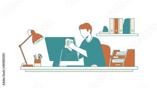 Man cleaning the computer screen at work or home office daily routine