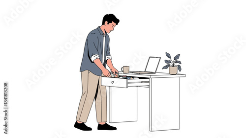 Man Opening Desk Drawer in Office with Laptop and Plant Illustration