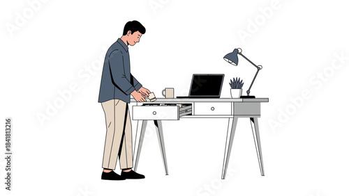 Man organizing his desk with laptop and lamp in a minimalist illustrated workspace