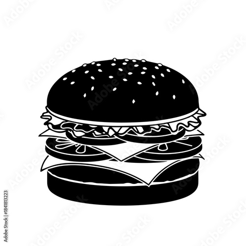 Cheeseburger with meat, lettuce, and tomato on a bun, isolated on black background