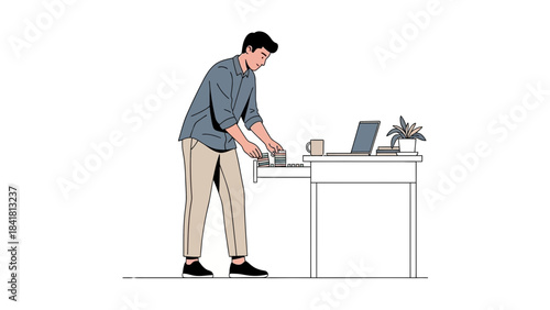 Man organizing his desk with laptop and plant, work from home office illustration