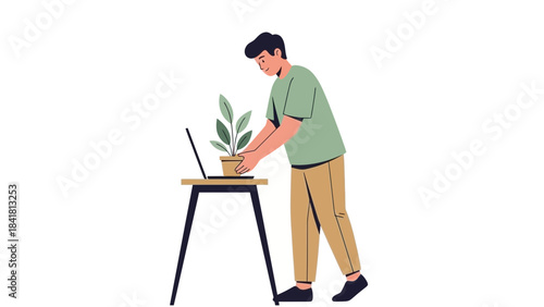 Man placing plant pot on a table next to a laptop computer, vector illustration, white background