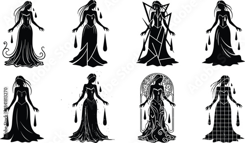 Set of Crying Female Silhouettes with Tears, Sadness, Grief, and Emotional Pain Vector