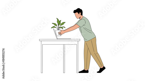 Man placing plant pot on table and laptop, indoors concept in minimalist flat design