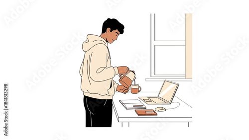 Man pouring coffee while working from home with laptop and notebook illustration